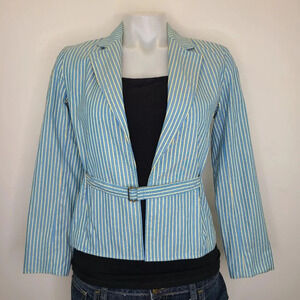 Express Vintage Y2K Pale Blue Yellow Striped Cotton Blazer Jacket 0